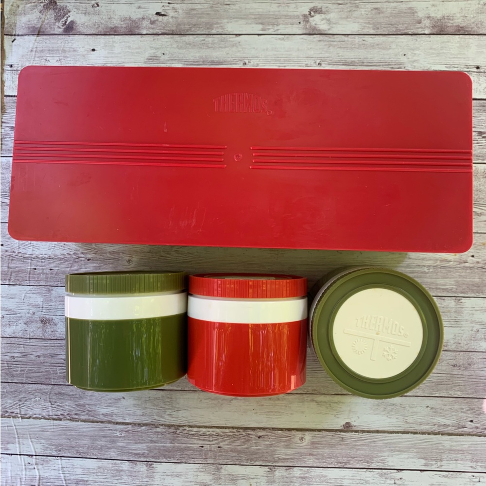 Vintage Thermos Insulated Jars #1155/3 Red Green Picnic Slide Lid Container
